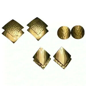 3 pair gold tone geometric vintage 80s earrings